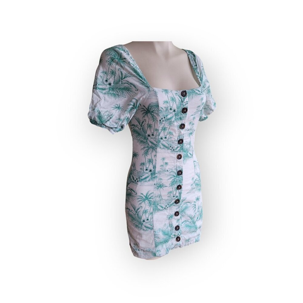 Linen Lux XS Teal Palm Print Linen Blend Mini Dress Square Neck Puff Sleeve Cute - Picture 6 of 14